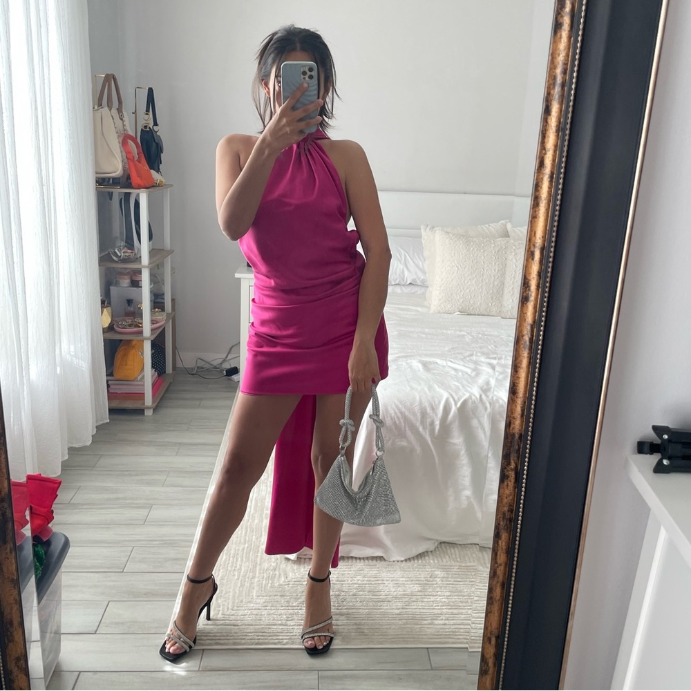 HOUSE OF CB AIDA Hot Pink Asymmetric Wrap Neck Dress